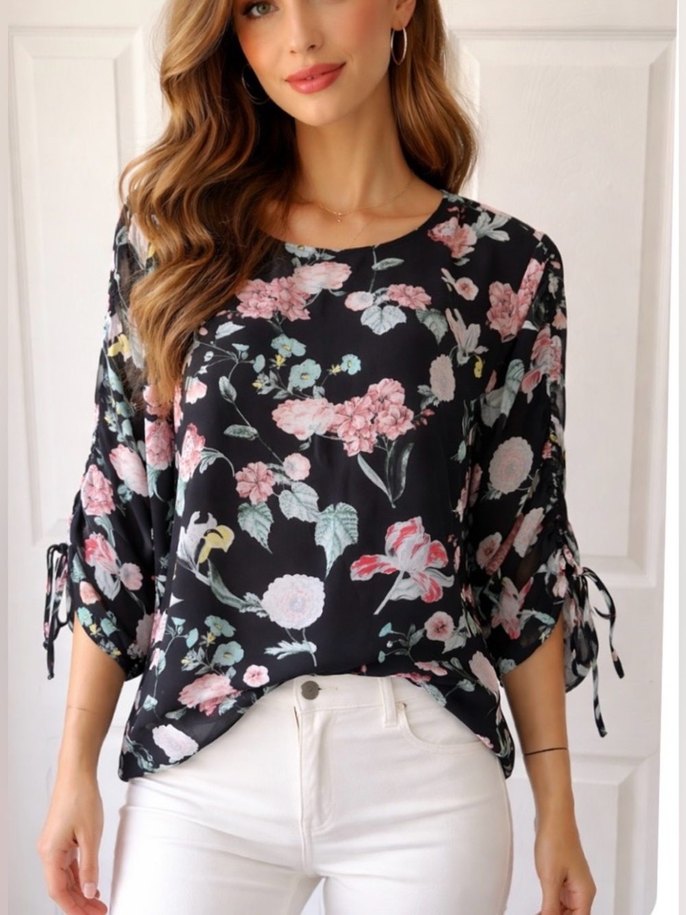 Vince Camuto Black Blouse with Pink Floral Print